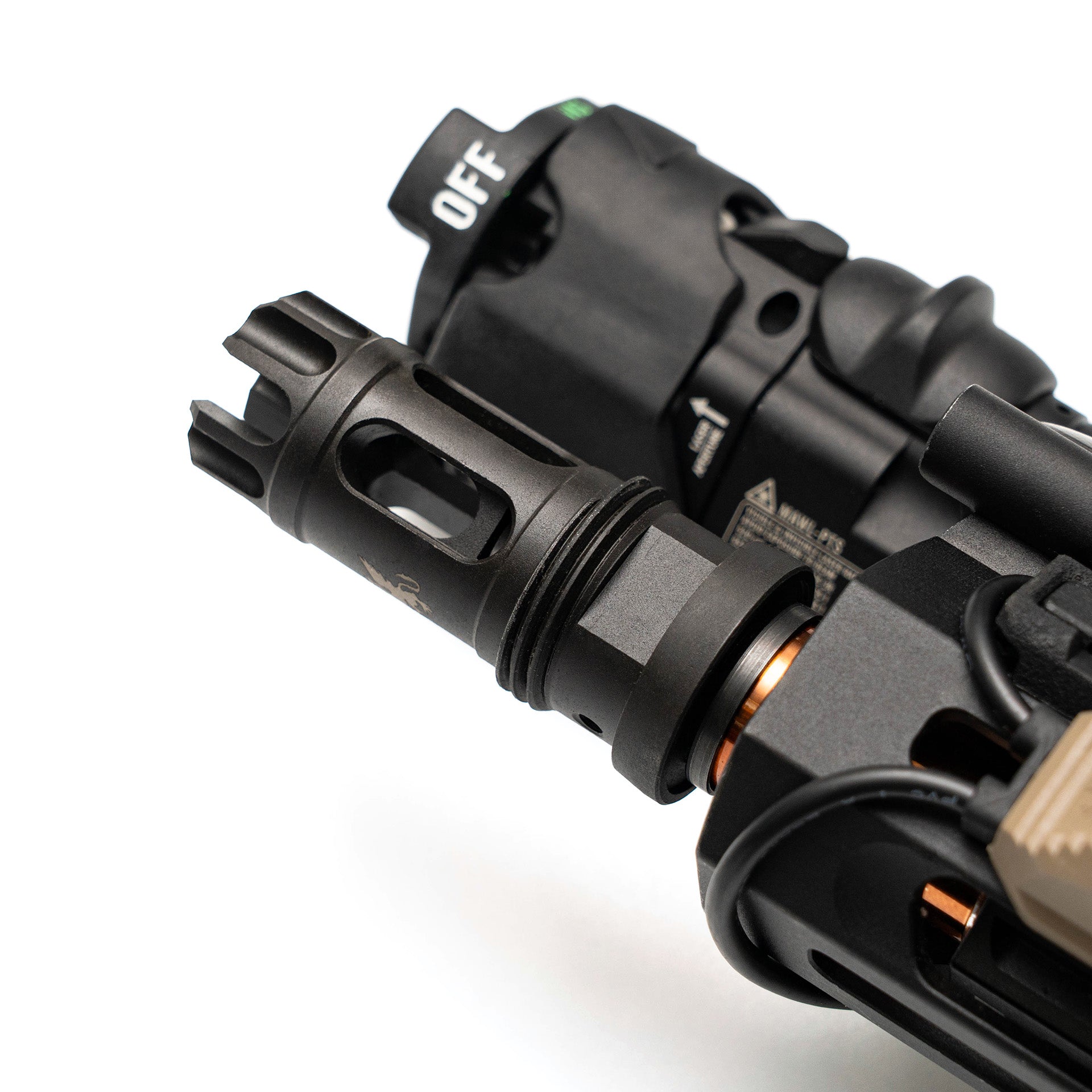 Steel alloy construction FlashComp with taper mount threading for airsoft