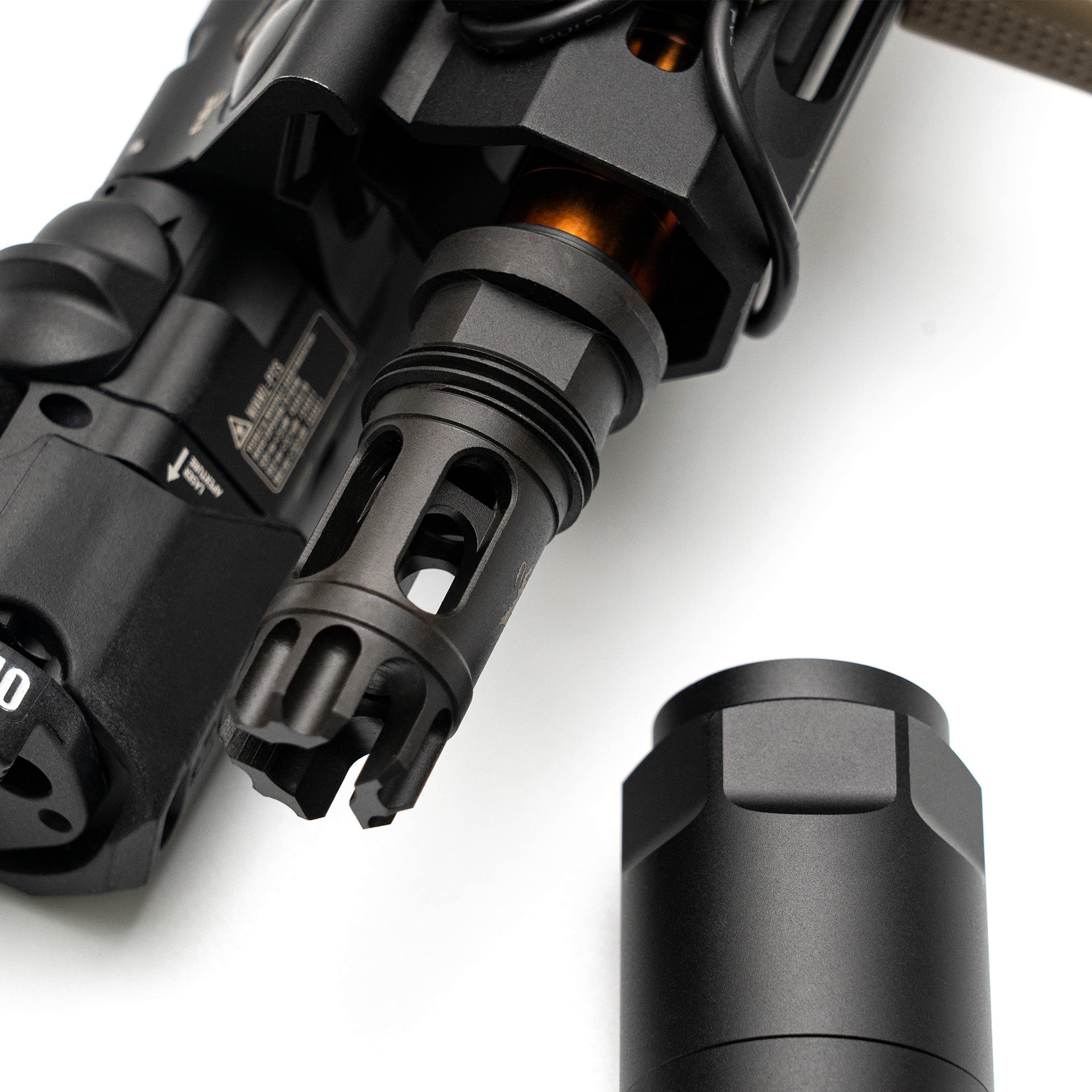 Steel airsoft flash compensator with QPQ finish and 14mm CCW thread